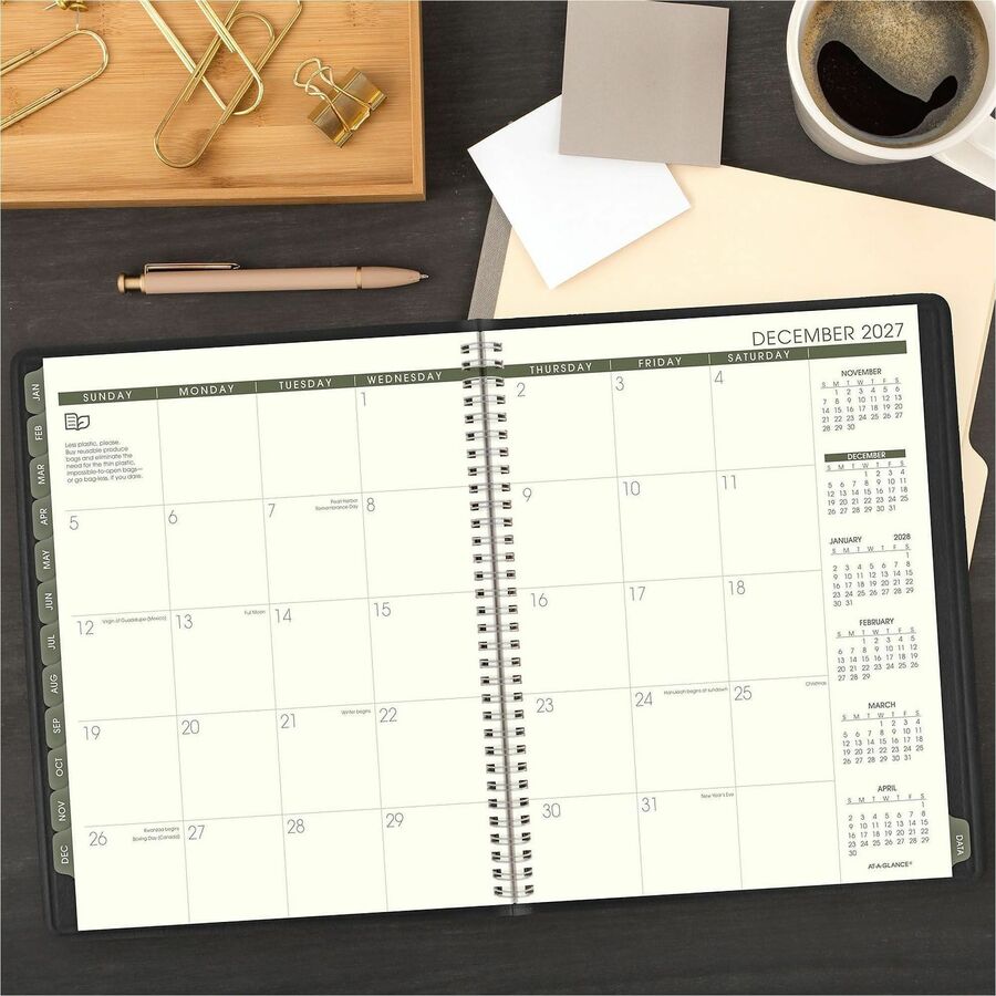 At-A-Glance Recycled Appointment Book Planner - Large Size - Julian Dates - Weekly, Monthly - 1 Year - January 2024 - December 2024 - 7:00 AM to 8:45 PM - Quarter-hourly, 7:00 AM to 5:30 PM - Quarter-hourly - 1 Week, 1 Month Double Page Layout - 8 1/