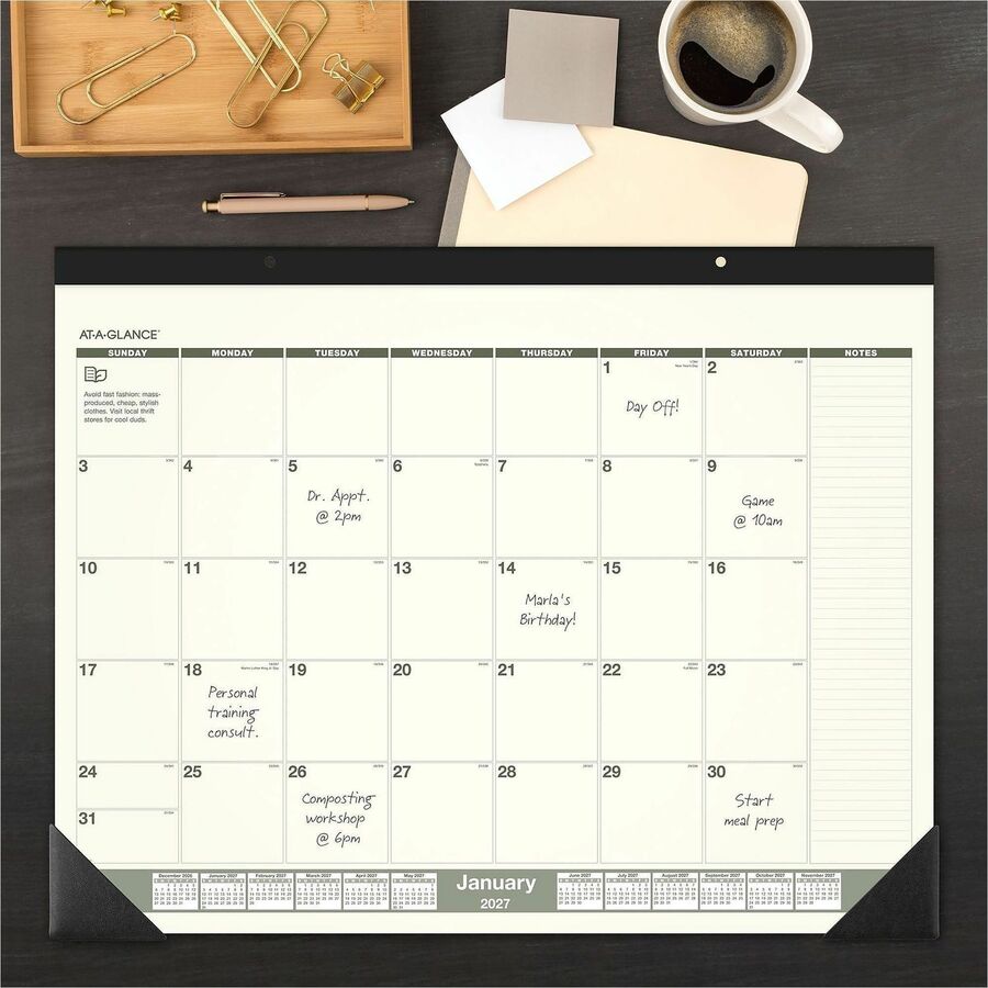 Recycled Monthly Desk Pad, 22 x 17, Sand/Green Sheets, Black Binding, Black Corners, 12-Month (Jan to Dec): 2024
