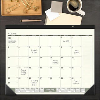 Recycled Monthly Desk Pad, 22 x 17, Sand/Green Sheets, Black Binding, Black Corners, 12-Month (Jan to Dec): 2024