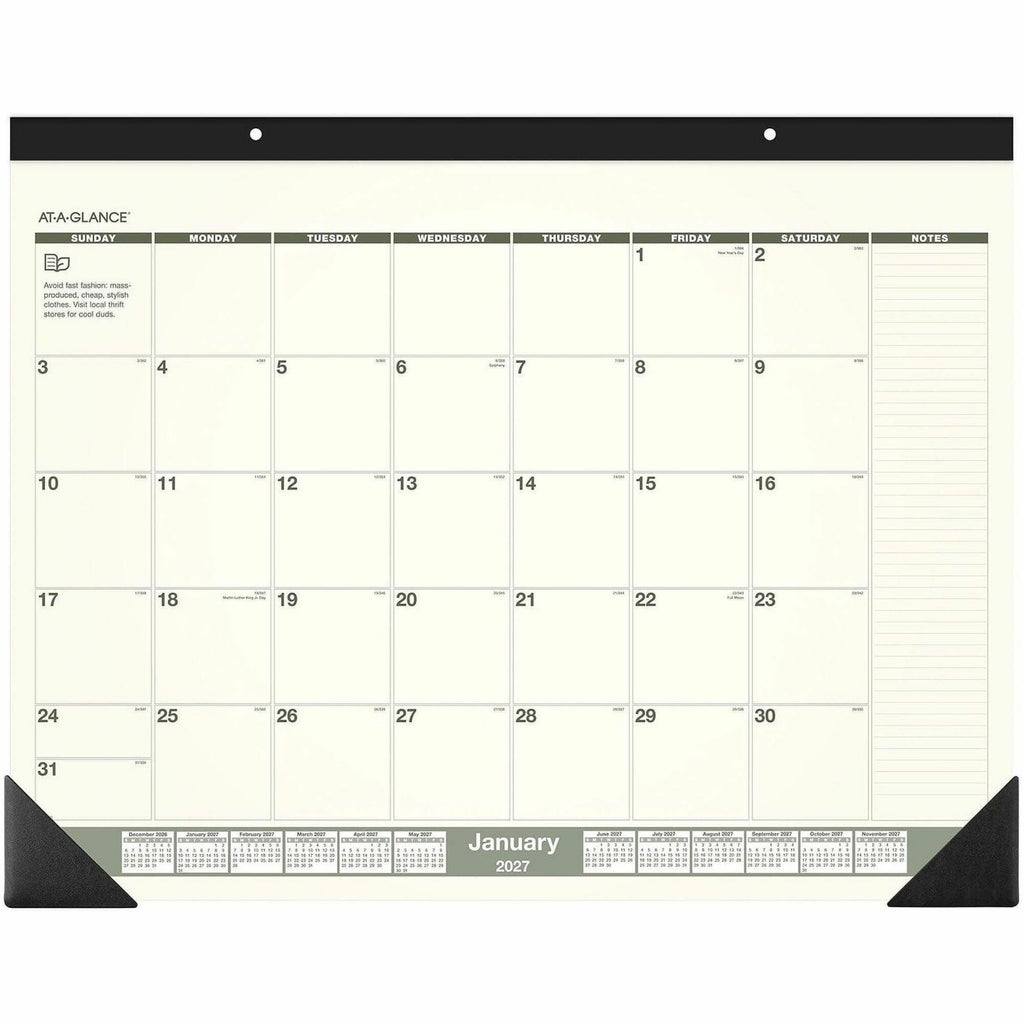 Recycled Monthly Desk Pad, 22 x 17, Sand/Green Sheets, Black Binding, Black Corners, 12-Month (Jan to Dec): 2024