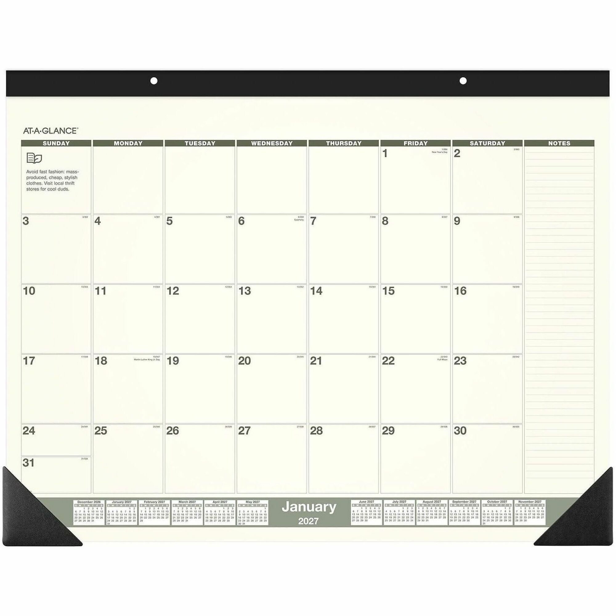 Recycled Monthly Desk Pad, 22 x 17, Sand/Green Sheets, Black Binding, Black Corners, 12-Month (Jan to Dec): 2024