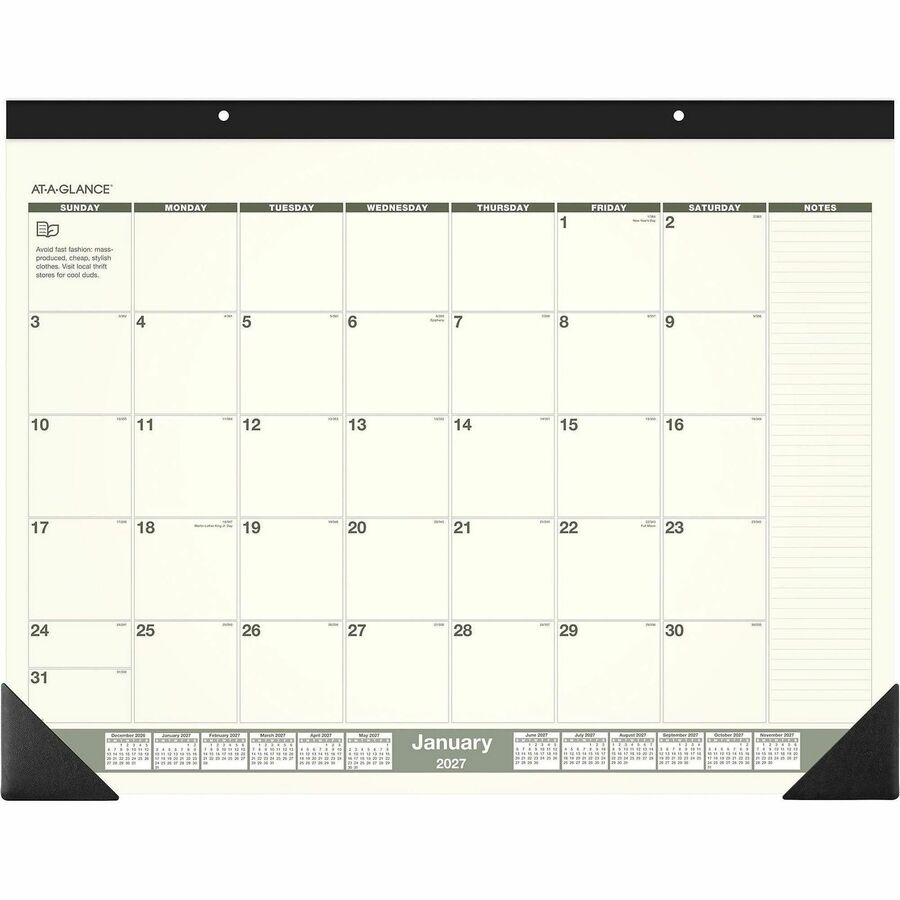 Recycled Monthly Desk Pad, 22 x 17, Sand/Green Sheets, Black Binding, Black Corners, 12-Month (Jan to Dec): 2024