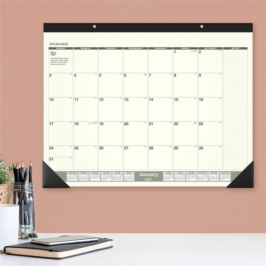 Recycled Monthly Desk Pad, 22 x 17, Sand/Green Sheets, Black Binding, Black Corners, 12-Month (Jan to Dec): 2024