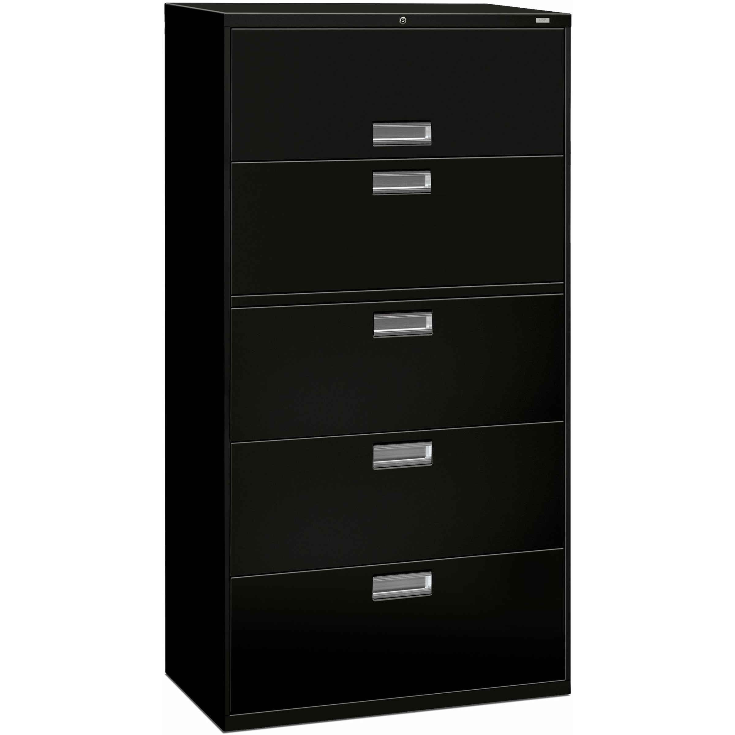 Brigade 600 Series Lateral File, 4 Legal/Letter-Size File Drawers, 1 Roll-Out File Shelf, Black, 36" x 18" x 64.25