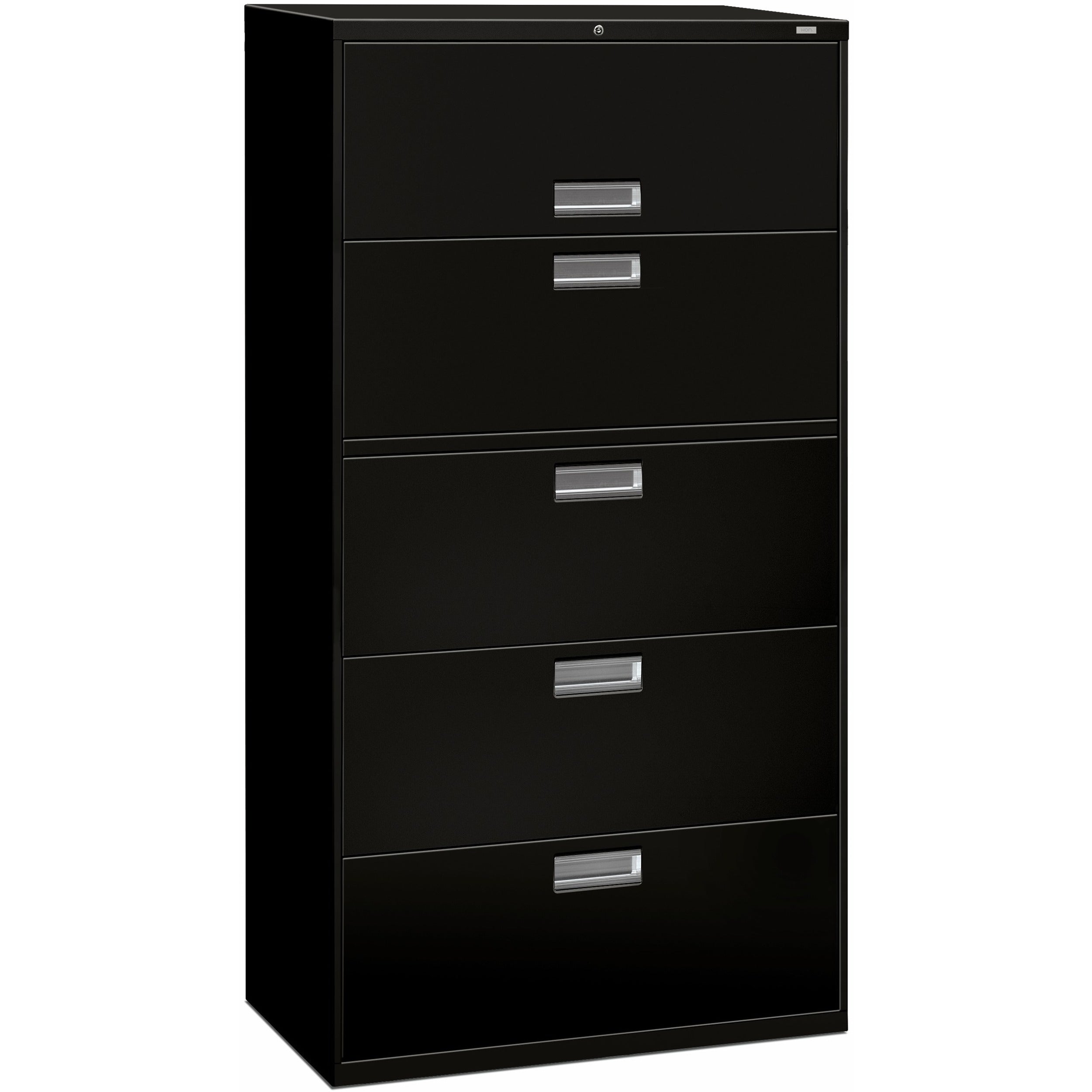Brigade 600 Series Lateral File, 4 Legal/Letter-Size File Drawers, 1 Roll-Out File Shelf, Black, 36" x 18" x 64.25