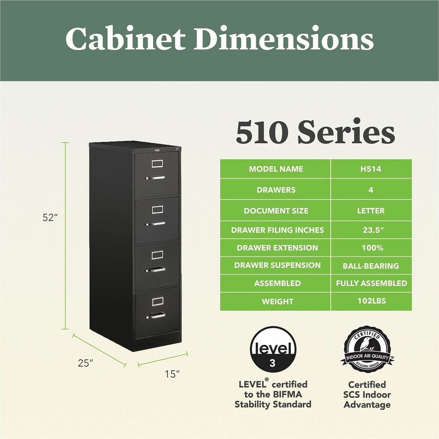 510 Series Vertical File, 4 Letter-Size File Drawers, Black, 15" x 25" x 52