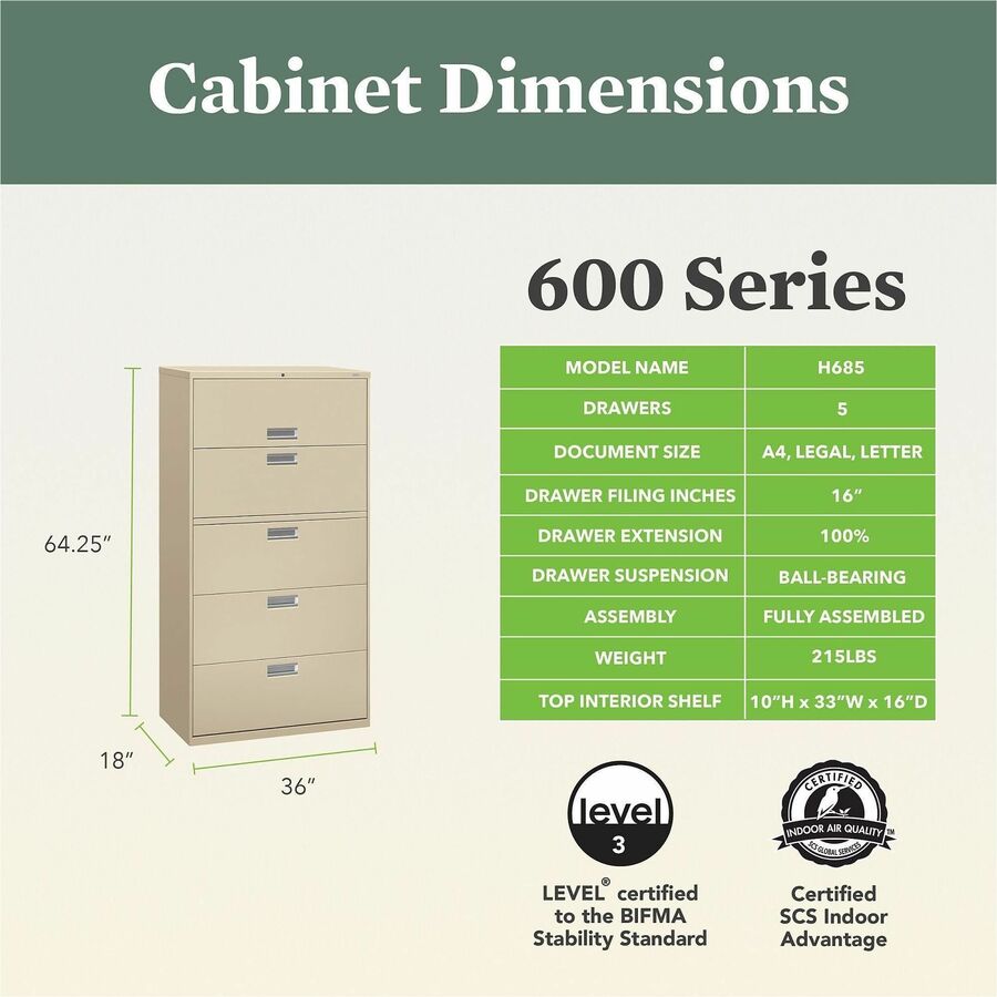 Brigade 600 Series Lateral File, 4 Legal/Letter-Size File Drawers, 1 Roll-Out File Shelf, Putty, 36" x 18" x 64.25