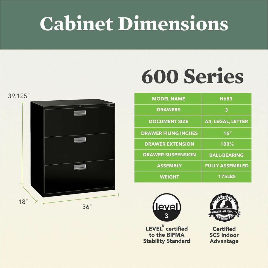 Brigade 600 Series Lateral File, 3 Legal/Letter-Size File Drawers, Black, 36" x 18" x 39.13