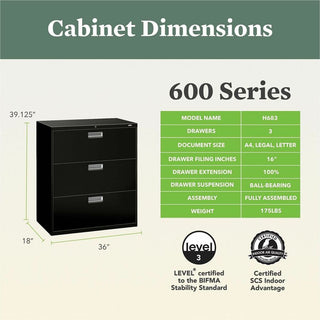 Brigade 600 Series Lateral File, 3 Legal/Letter-Size File Drawers, Black, 36" x 18" x 39.13