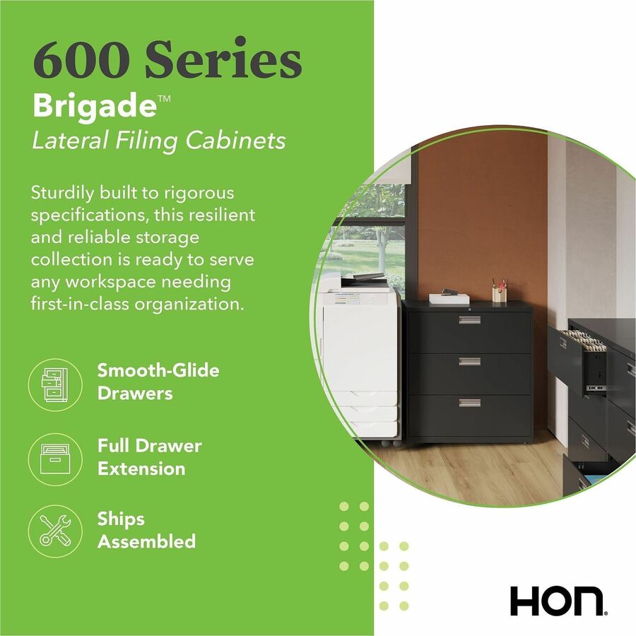 Brigade 600 Series Lateral File, 3 Legal/Letter-Size File Drawers, Black, 36" x 18" x 39.13