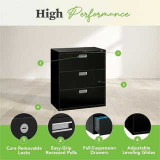 Brigade 600 Series Lateral File, 3 Legal/Letter-Size File Drawers, Black, 36" x 18" x 39.13