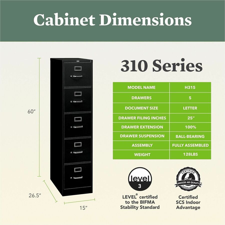 310 Series Vertical File, 5 Letter-Size File Drawers, Black, 15" x 26.5" x 60