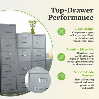 310 Series Vertical File, 5 Letter-Size File Drawers, Black, 15" x 26.5" x 60