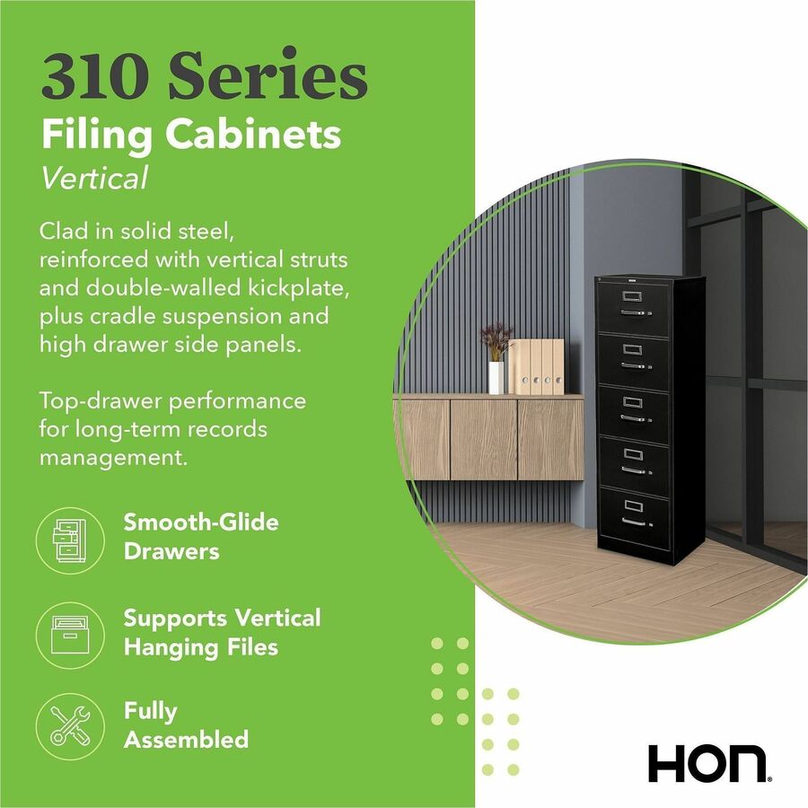 310 Series Vertical File, 5 Letter-Size File Drawers, Black, 15" x 26.5" x 60