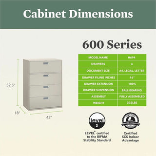 Brigade 600 Series Lateral File, 4 Legal/Letter-Size File Drawers, Light Gray, 42" x 18" x 52.5