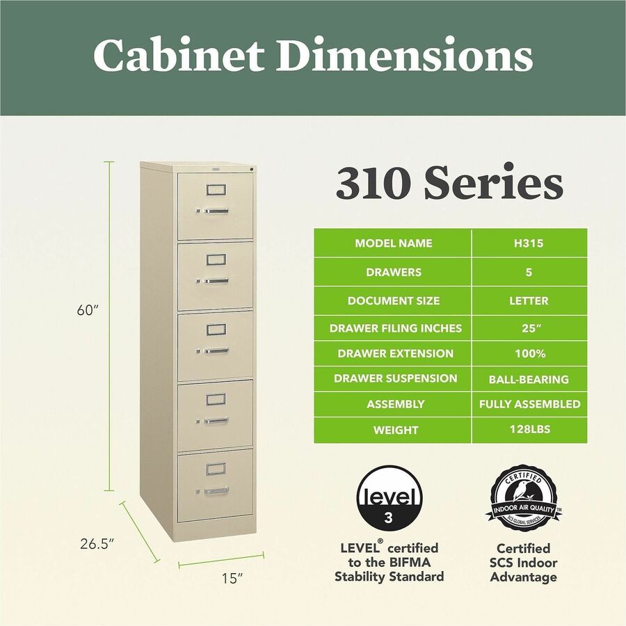310 Series Vertical File, 5 Letter-Size File Drawers, Putty, 15" x 26.5" x 60