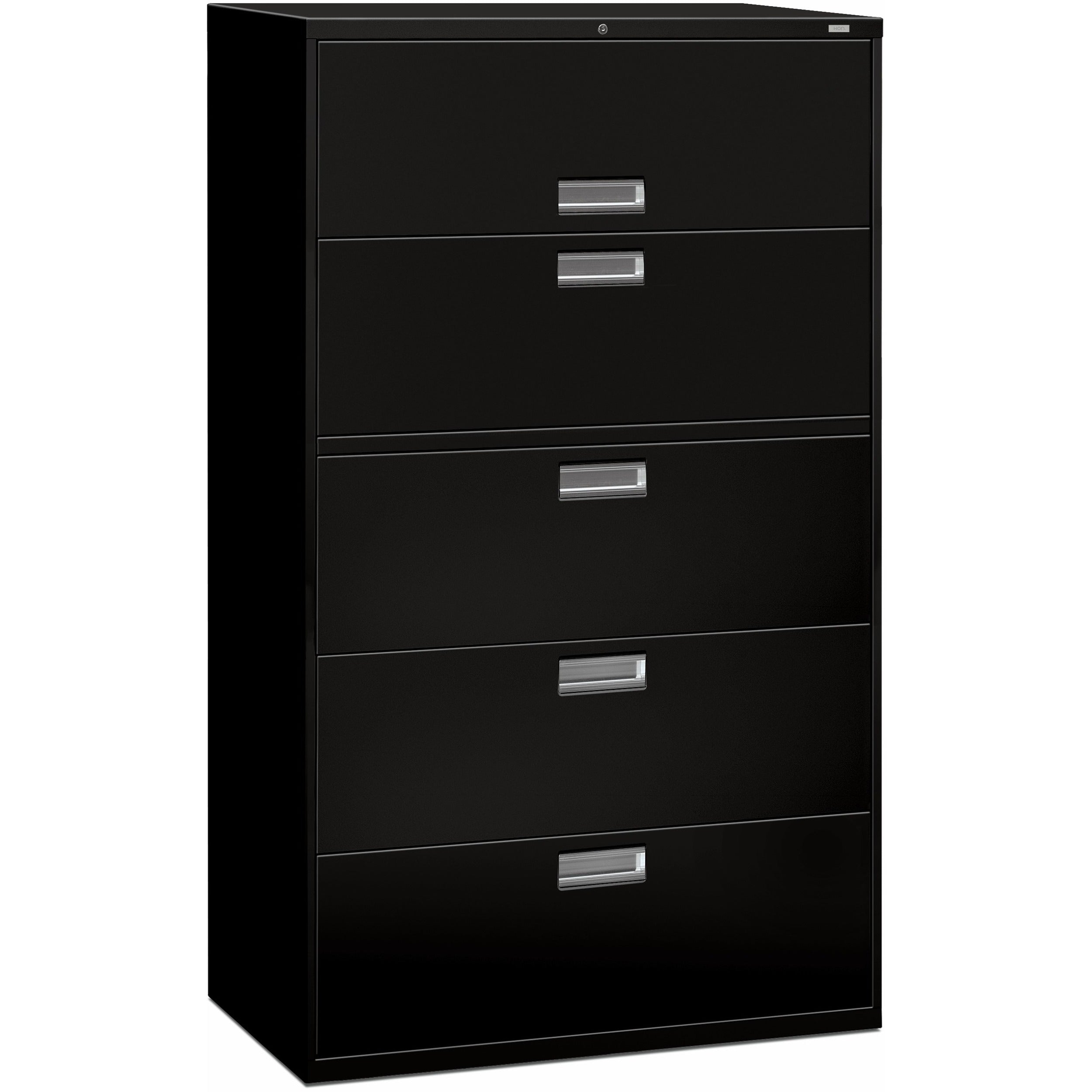 Brigade 600 Series Lateral File, 4 Legal/Letter-Size File Drawers, 1 Roll-Out File Shelf, Black, 42" x 18" x 64.25