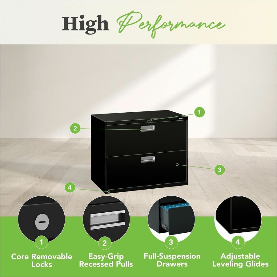 Brigade 600 Series Lateral File, 2 Legal/Letter-Size File Drawers, Black, 36" x 18" x 28