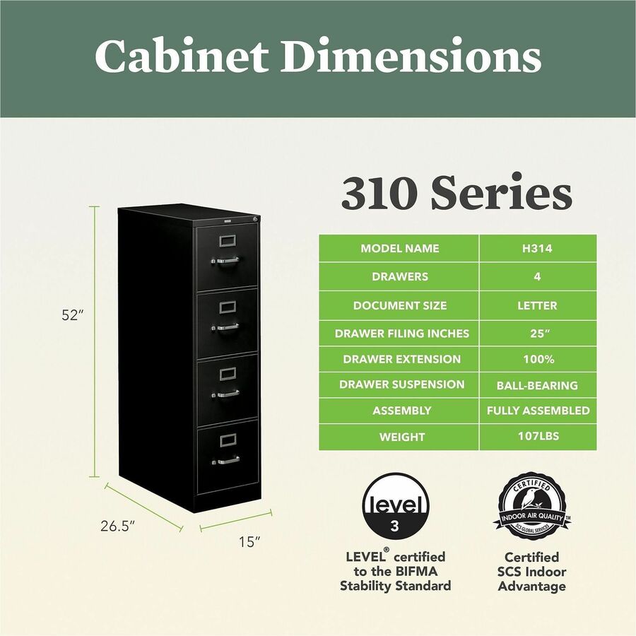 310 Series Vertical File, 4 Legal-Size File Drawers, Black, 18.25" x 26.5" x 52