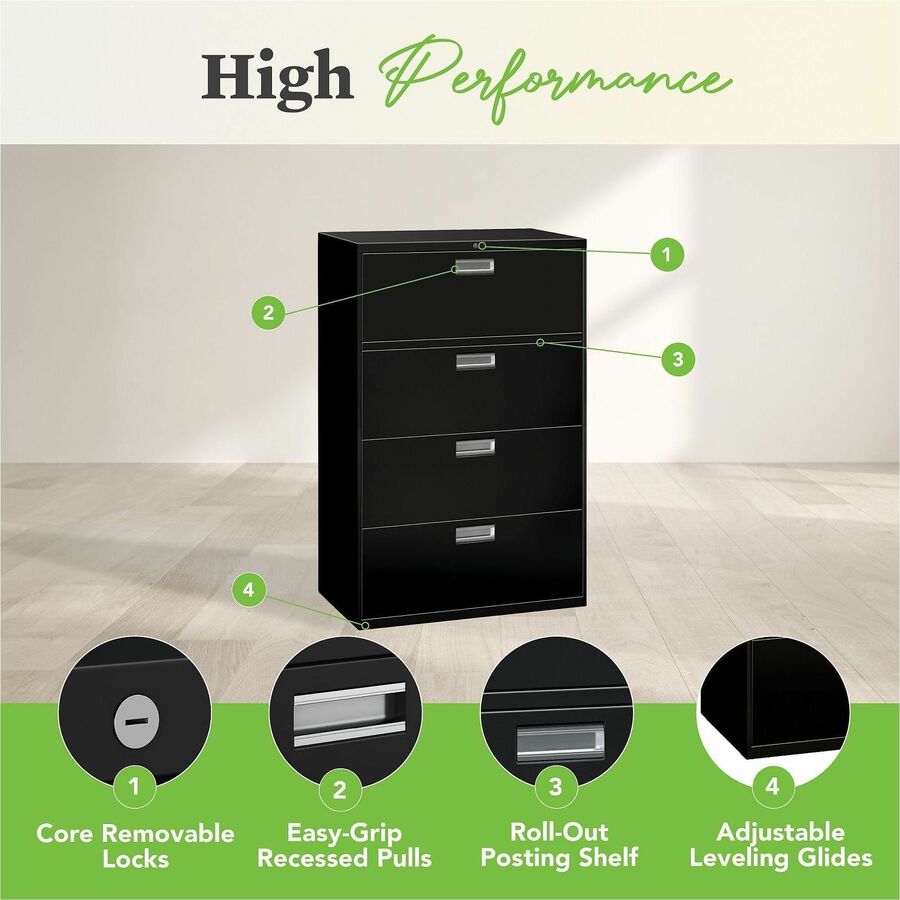 Brigade 600 Series Lateral File, 4 Legal/Letter-Size File Drawers, Black, 36" x 18" x 52.5