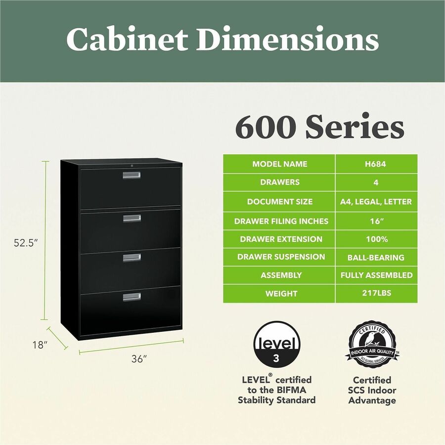 Brigade 600 Series Lateral File, 4 Legal/Letter-Size File Drawers, Black, 36" x 18" x 52.5