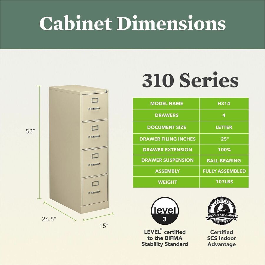 310 Series Vertical File, 4 Legal-Size File Drawers, Putty, 18.25" x 26.5" x 52