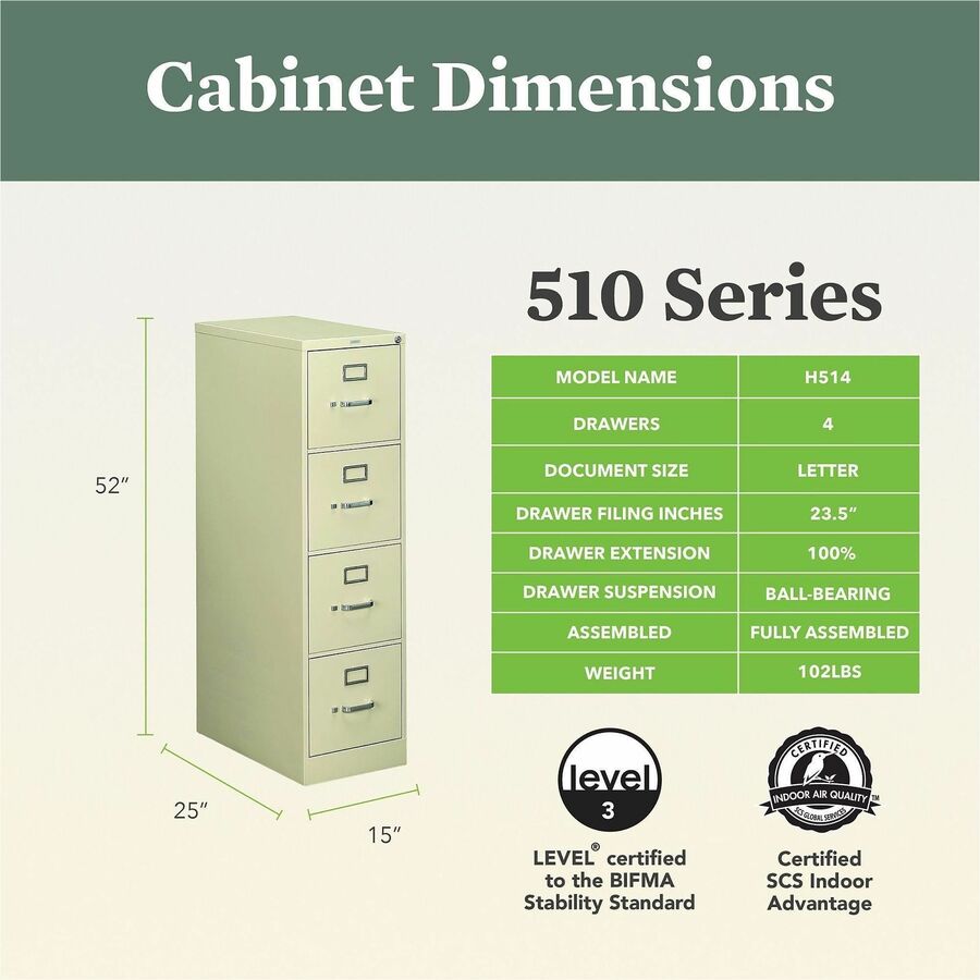 510 Series Vertical File, 4 Letter-Size File Drawers, Putty, 15" x 25" x 52