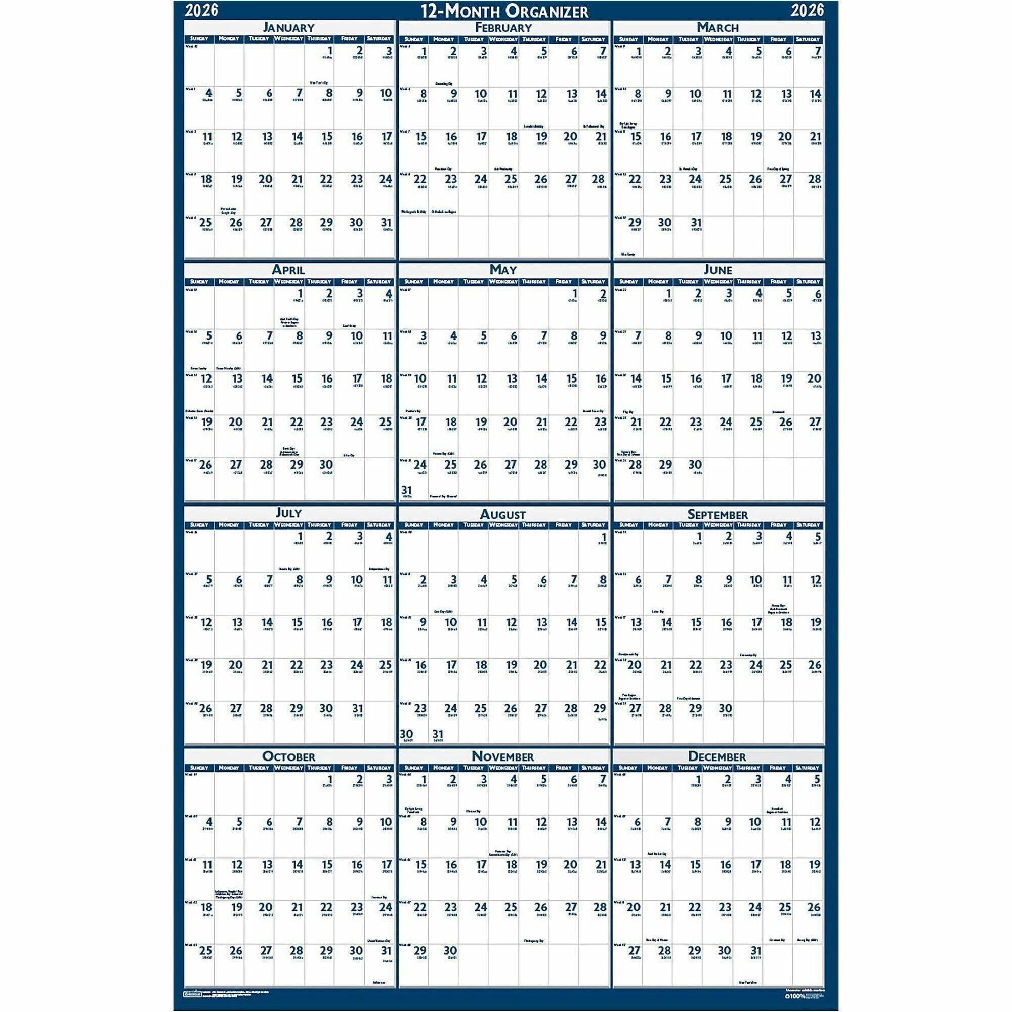 Recycled Poster Style Reversible/Erasable Yearly Wall Calendar, 32 x 48, White/Blue/Gray Sheets, 12-Month (Jan to Dec): 2024