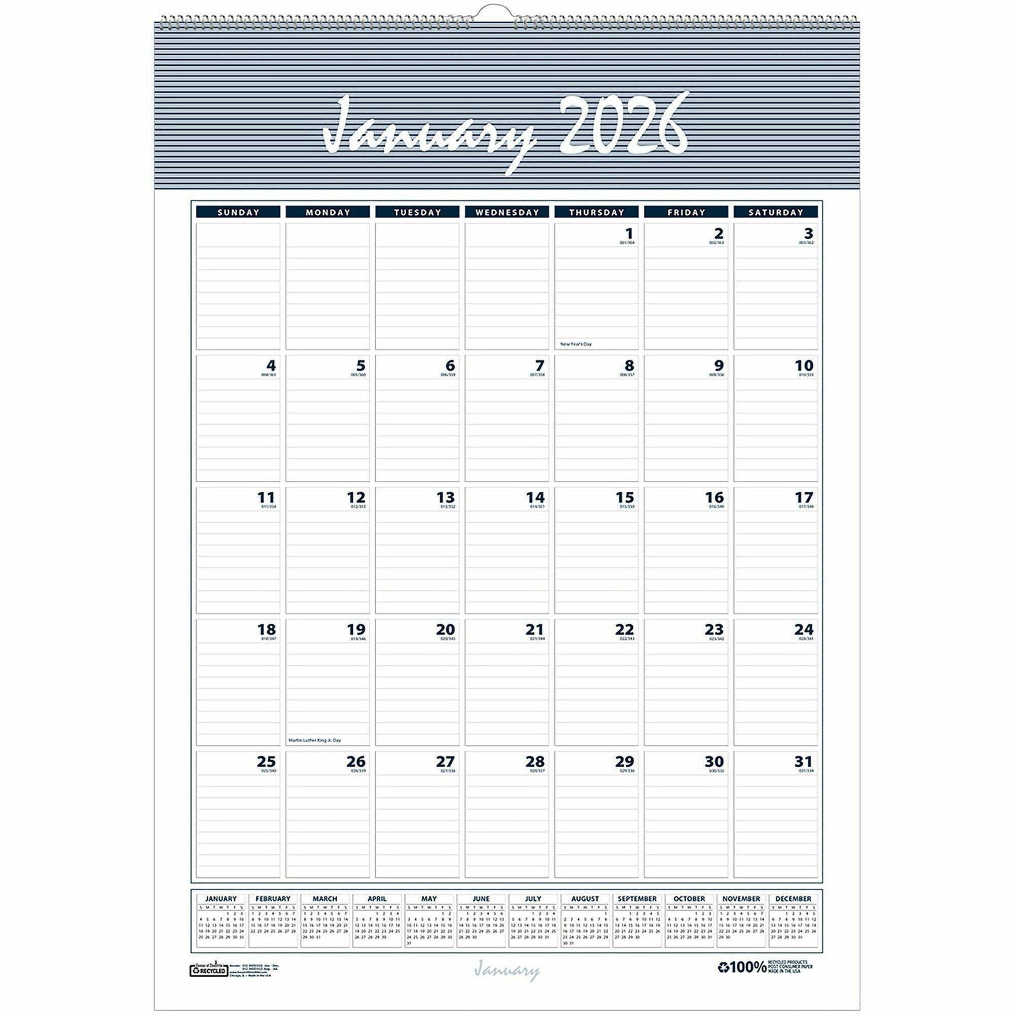 Bar Harbor Recycled Wirebound Monthly Wall Calendar, 12 x 17, White/Blue/Gray Sheets, 12-Month (Jan-Dec): 2024