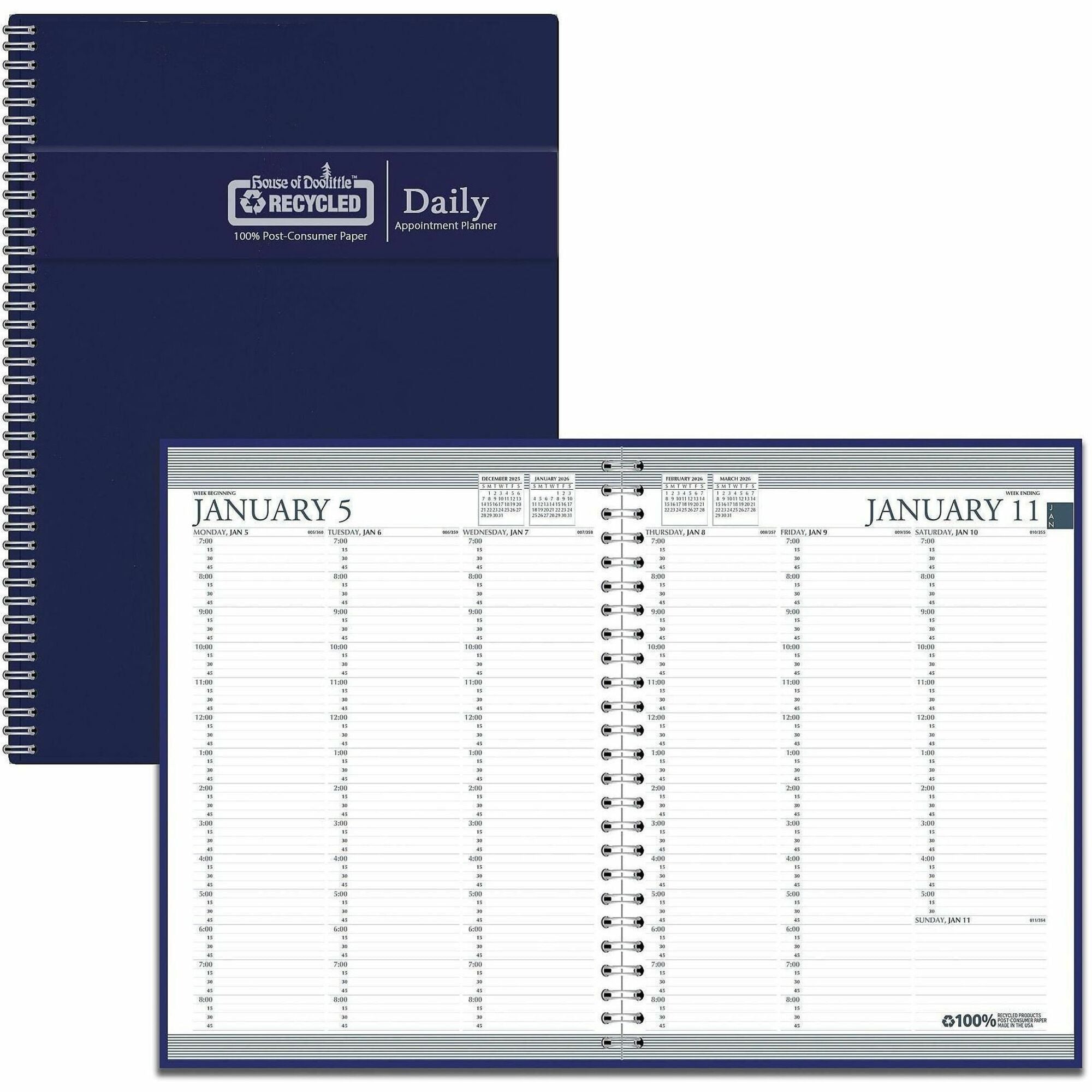 Recycled Professional Weekly Planner, 15-Minute Appts, 11 x 8.5, Blue Wirebound Soft Cover, 12-Month (Jan to Dec): 2024