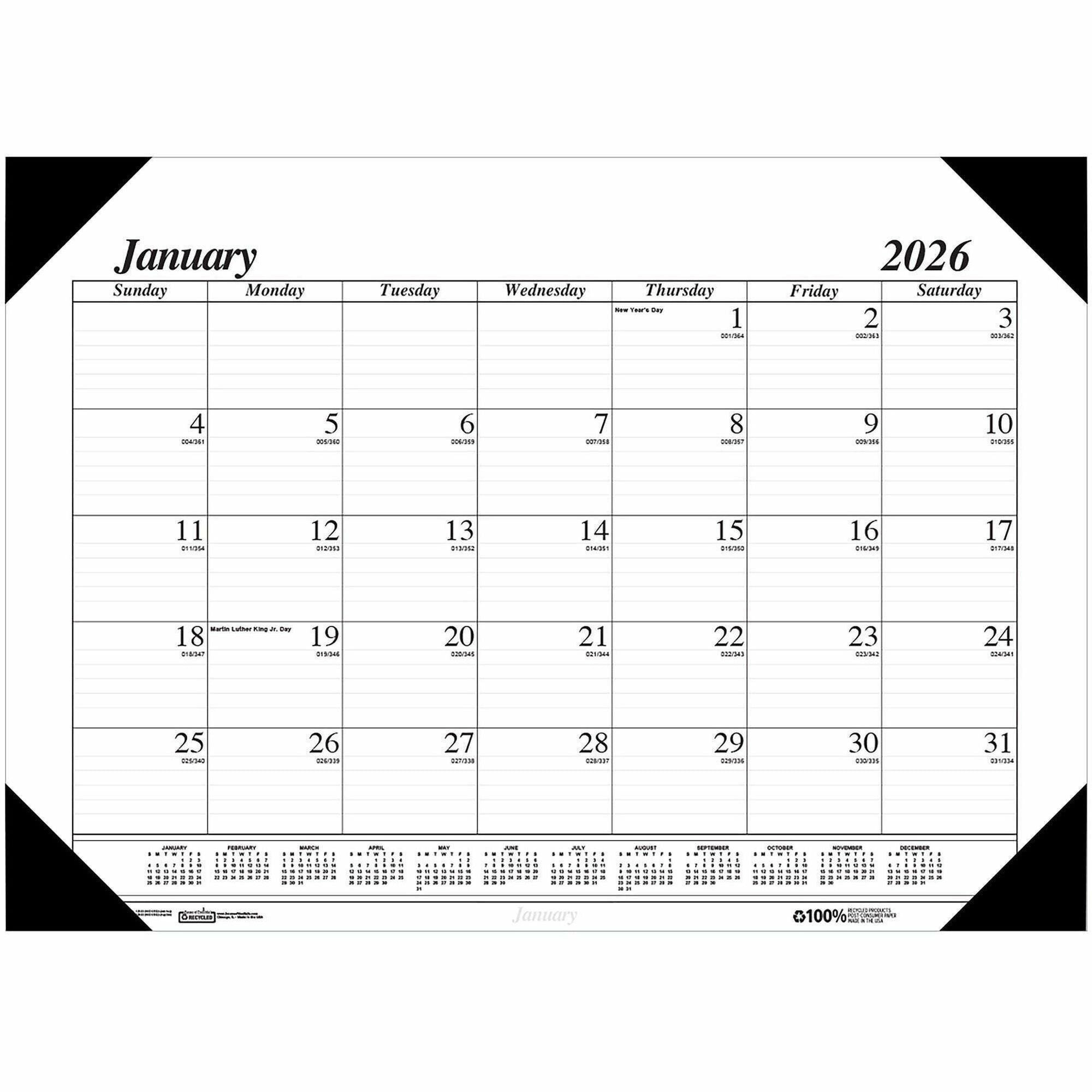 Recycled One-Color Refillable Monthly Desk Pad Calendar, 22 x 17, White Sheets, Black Binding/Corners,12-Month(Jan-Dec): 2024