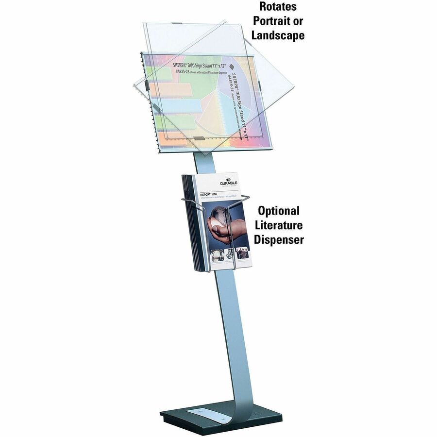 DURABLE INFO SIGN Tabloid Floor Stand - 11" x 17" Sign - 43" - 50" Height - Rectangular Shape - Acrylic, Stainless Steel - Updateable - Silver - 1 Pack