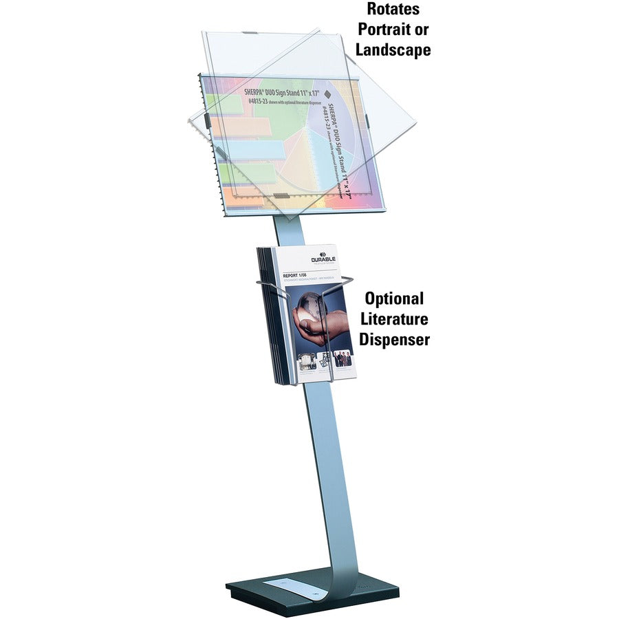 DURABLE INFO SIGN Tabloid Floor Stand - 11" x 17" Sign - 43" - 50" Height - Rectangular Shape - Acrylic, Stainless Steel - Updateable - Silver - 1 Pack - 