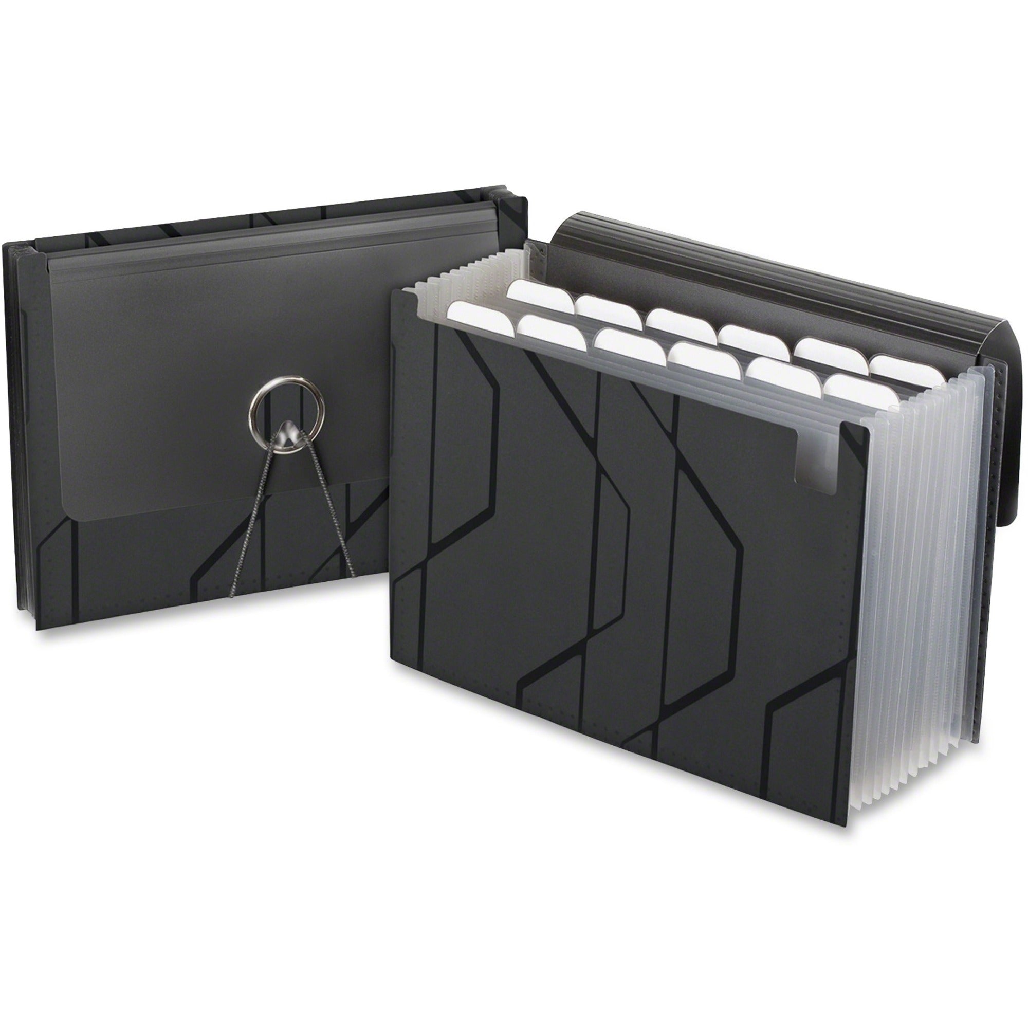 Sliding Cover Expanding File, 4" Expansion, 13 Sections, Cord/Hook Closure, 1/6-Cut Tabs, Letter Size, Black