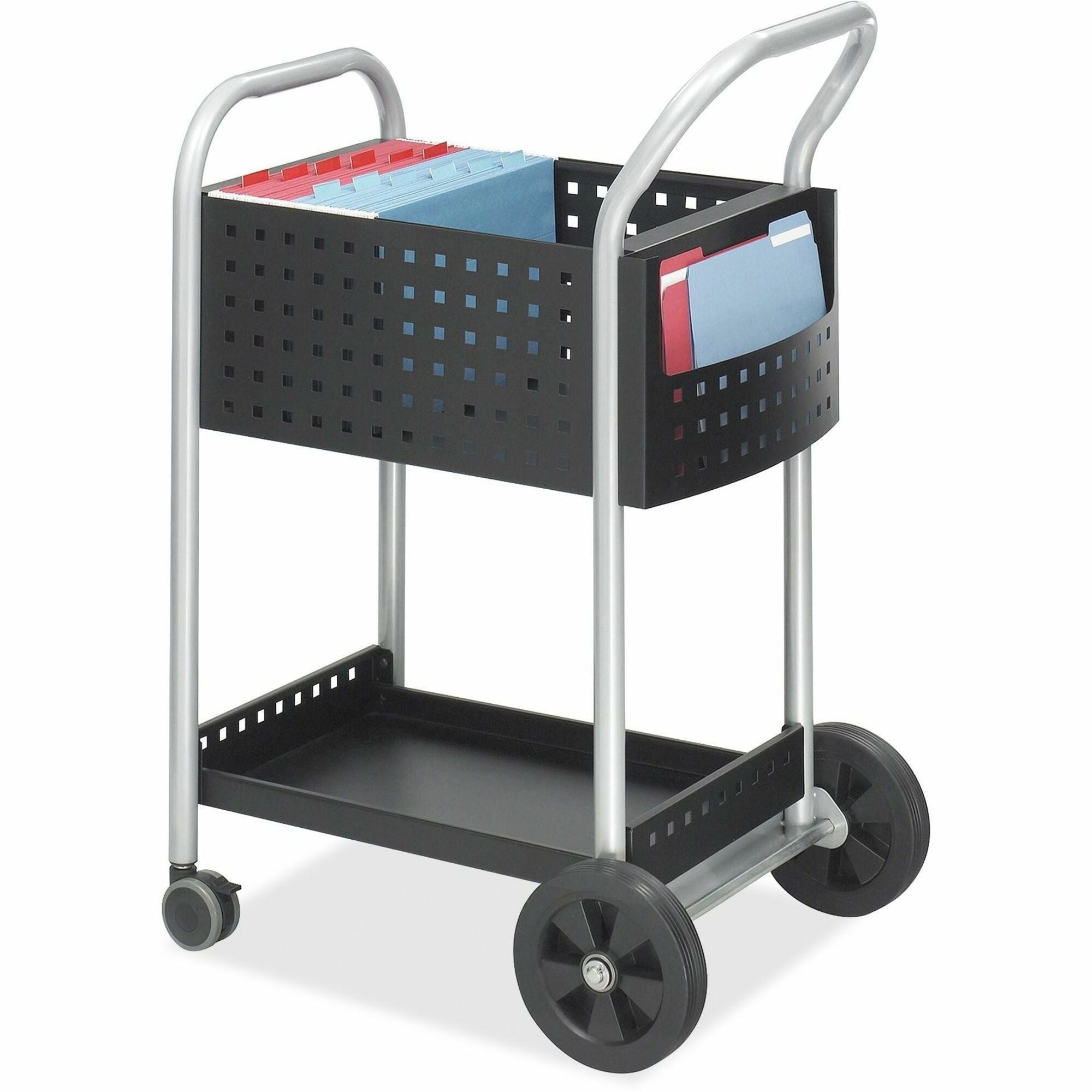 Scoot Dual-Purpose Mail and Filing Cart, Metal, 1 Shelf, 2 Bins, 22" x 27" x 40.5", Black/Silver