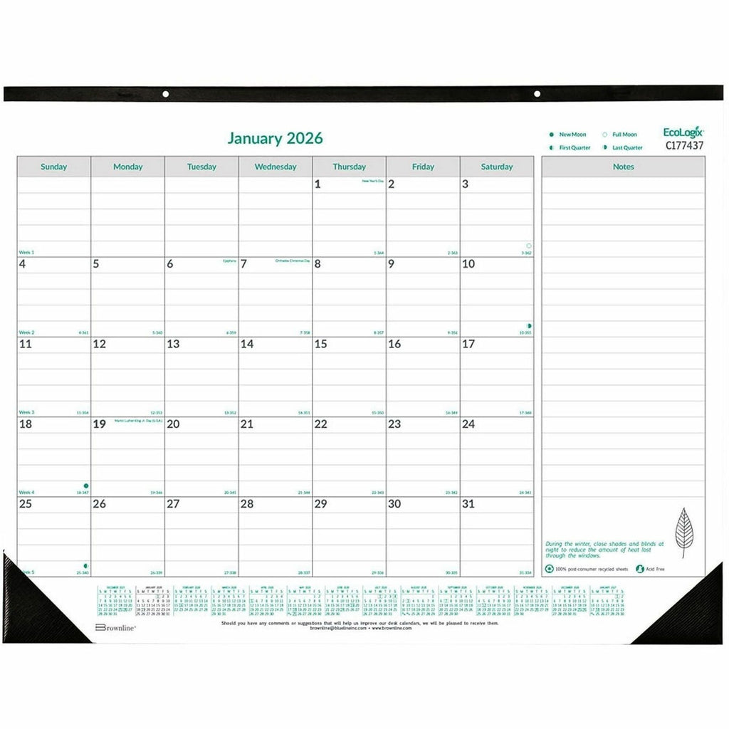 EcoLogix Monthly Desk Pad Calendar, 22 x 17, White/Green Sheets, Black Binding/Corners, 12-Month (Jan to Dec): 2024