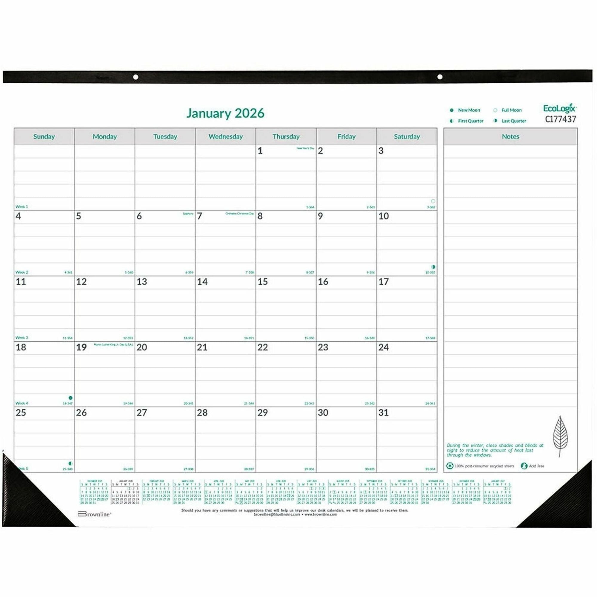 EcoLogix Monthly Desk Pad Calendar, 22 x 17, White/Green Sheets, Black Binding/Corners, 12-Month (Jan to Dec): 2024