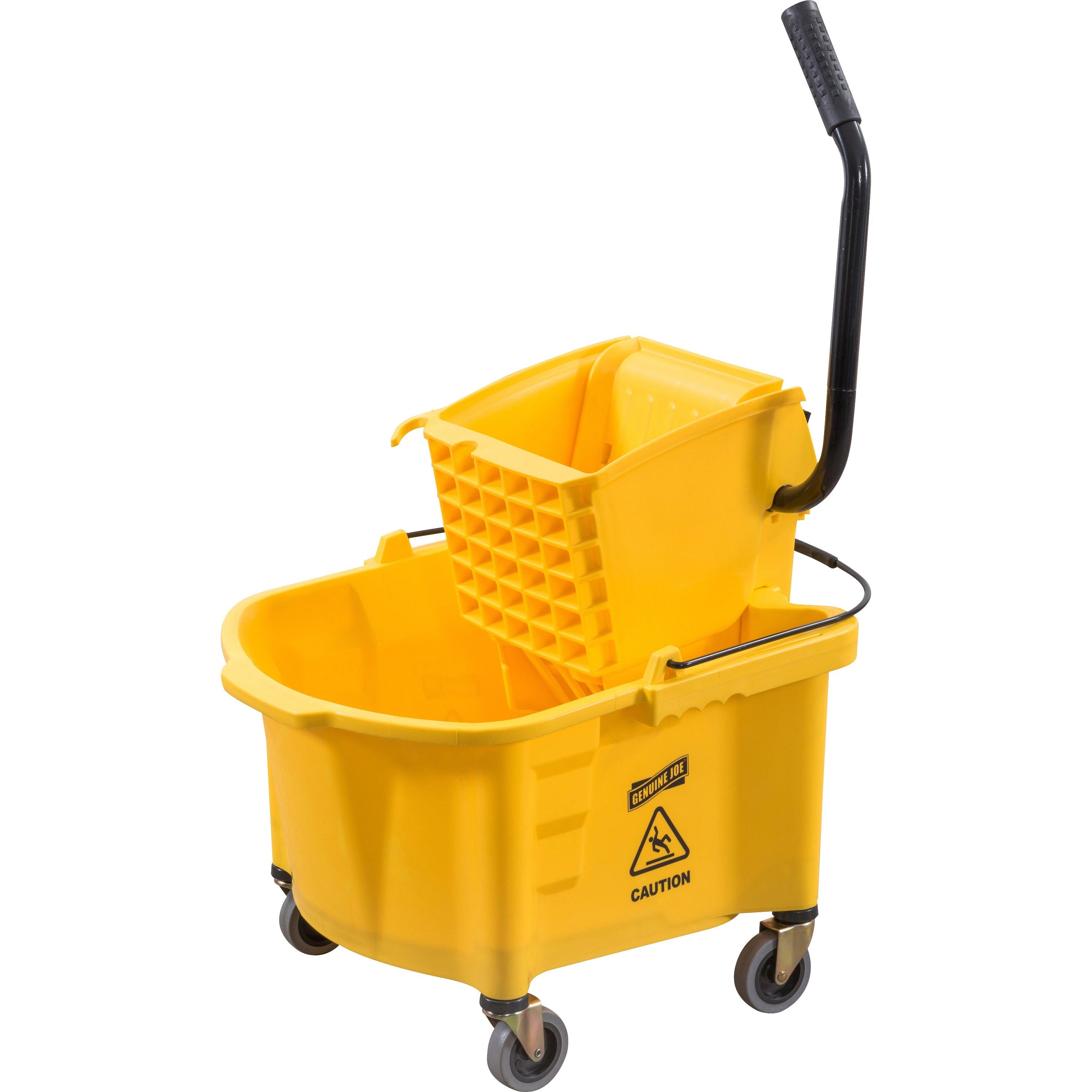 Genuine Joe Splash Shield Mop Bucket/Wringer - 6.50 gal - Wringer, Caution Sign, Handle, Measurement Marking, Caster, Putty Knife Holder, Mop Stick Holder - Plastic, Metal - Black, Yellow - 1 Each - 