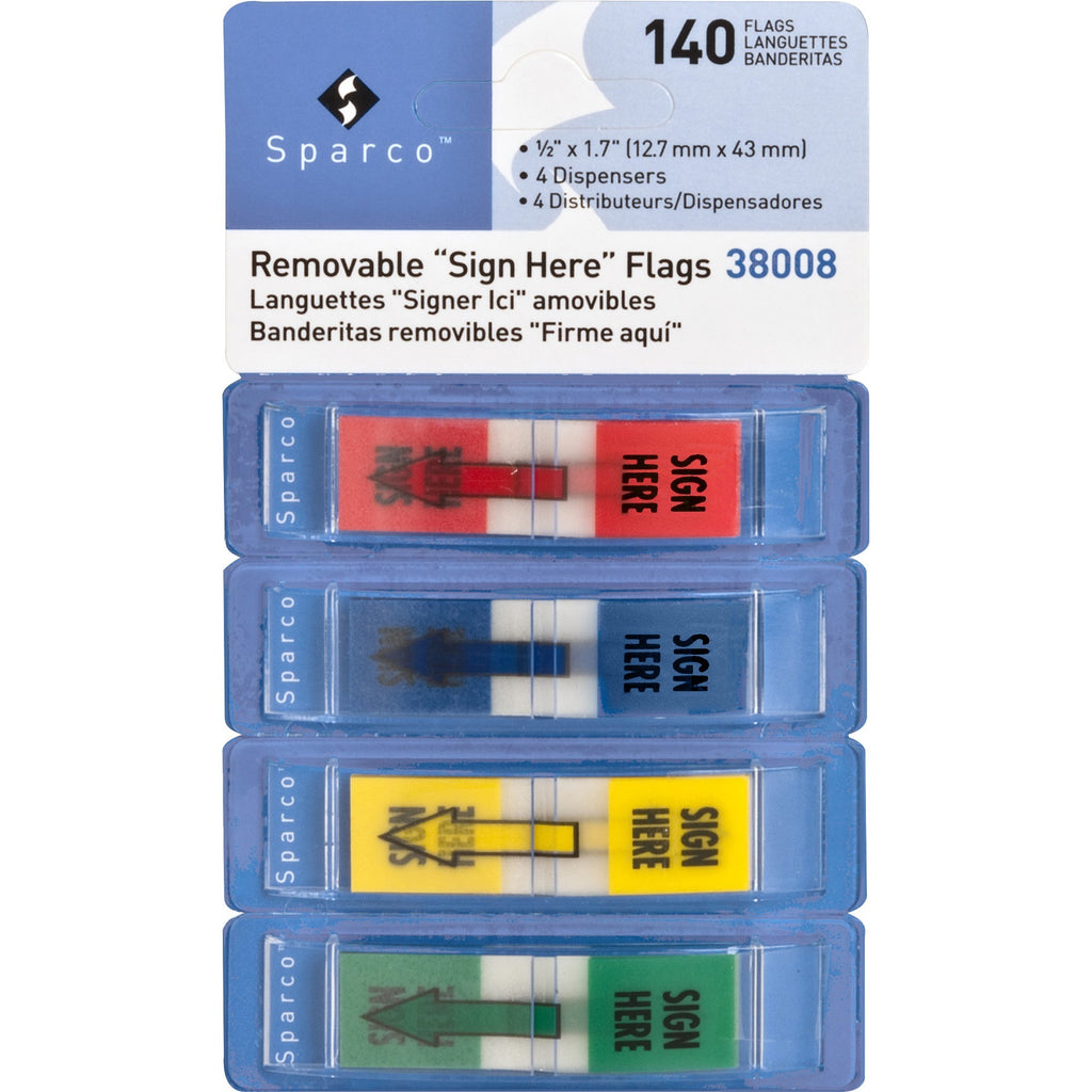 Sparco "Sign Here" Preprinted Self-stick Flags - 0.50" x 1.75" - Rectangle - "SIGN HERE" - Assorted - Removable, Self-adhesive - 1 / Pack - 