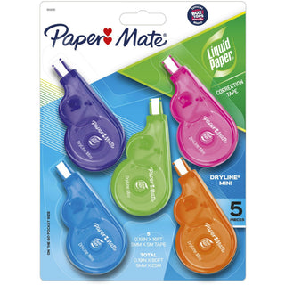 DryLine Mini Correction Tape, 0.2" x 197", Non-Refillable, Assorted Color Applicators, 5/Pack