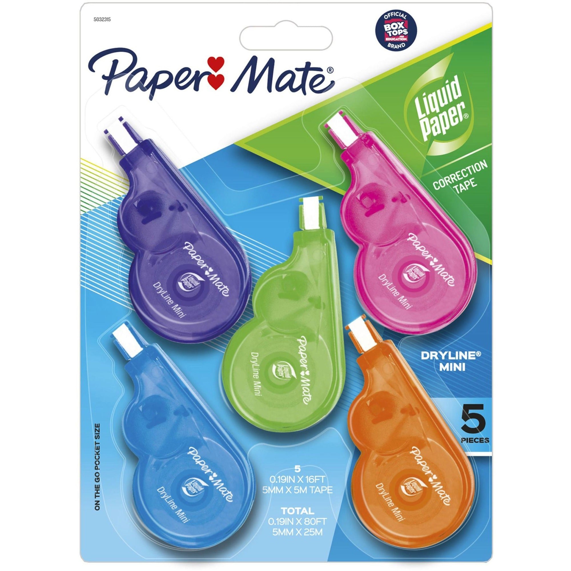 DryLine Mini Correction Tape, 0.2" x 197", Non-Refillable, Assorted Color Applicators, 5/Pack