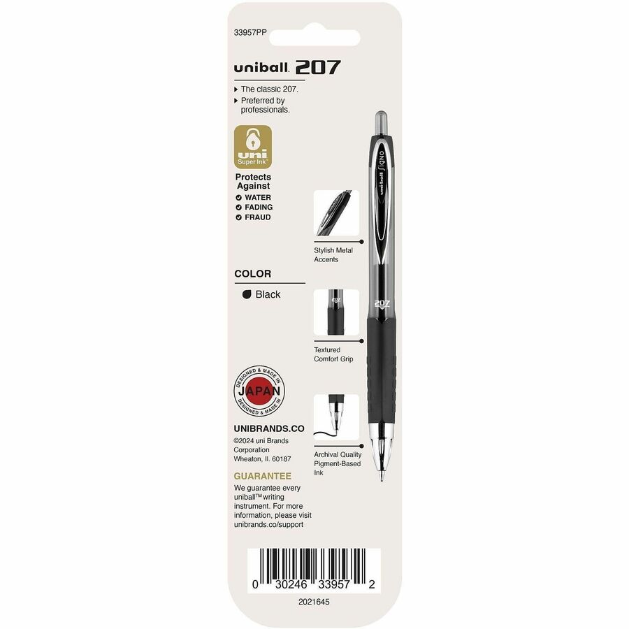 uniball 207 Gel Pen - Medium Pen Point - 0.7 mm Pen Point Size - Refillable - Retractable - Black Gel-based Ink - 2 / Pack