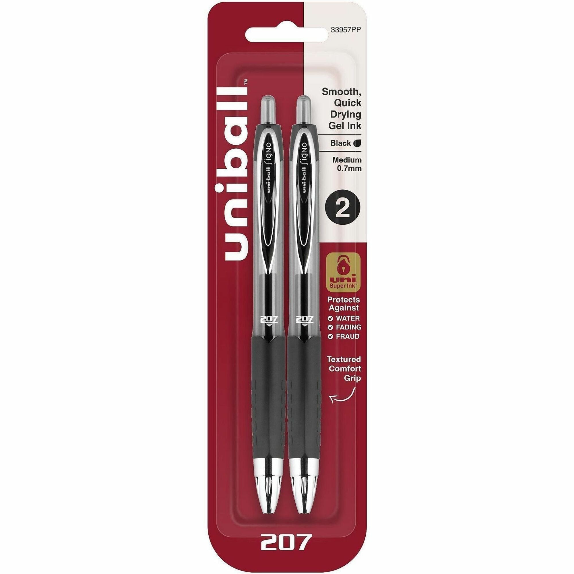 uniball 207 Gel Pen - Medium Pen Point - 0.7 mm Pen Point Size - Refillable - Retractable - Black Gel-based Ink - 2 / Pack