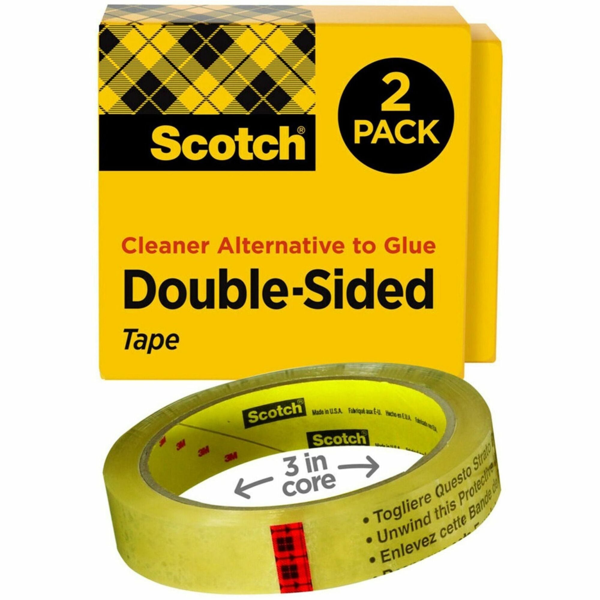 Double-Sided Tape, 3" Core, 0.75" x 36 yds, Clear, 2/Pack