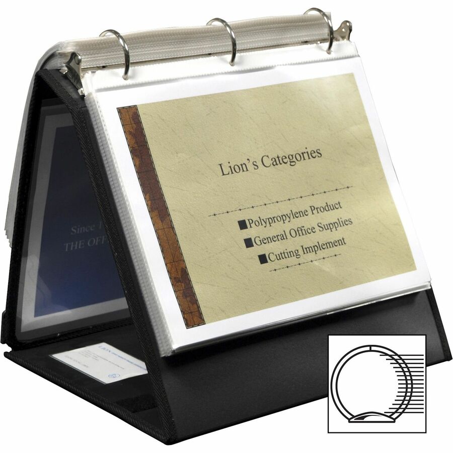 Lion Insta-Cover Round Ring Easel Binder - 1 1/2" Binder Capacity - Letter - 8 1/2" x 11" Sheet Size - 3 x Round Ring Fastener(s) - 80 Pocket(s) - Black - Recycled - Label Holder, Reinforced Sewn Edge, Business Card Holder - 1 Each - 