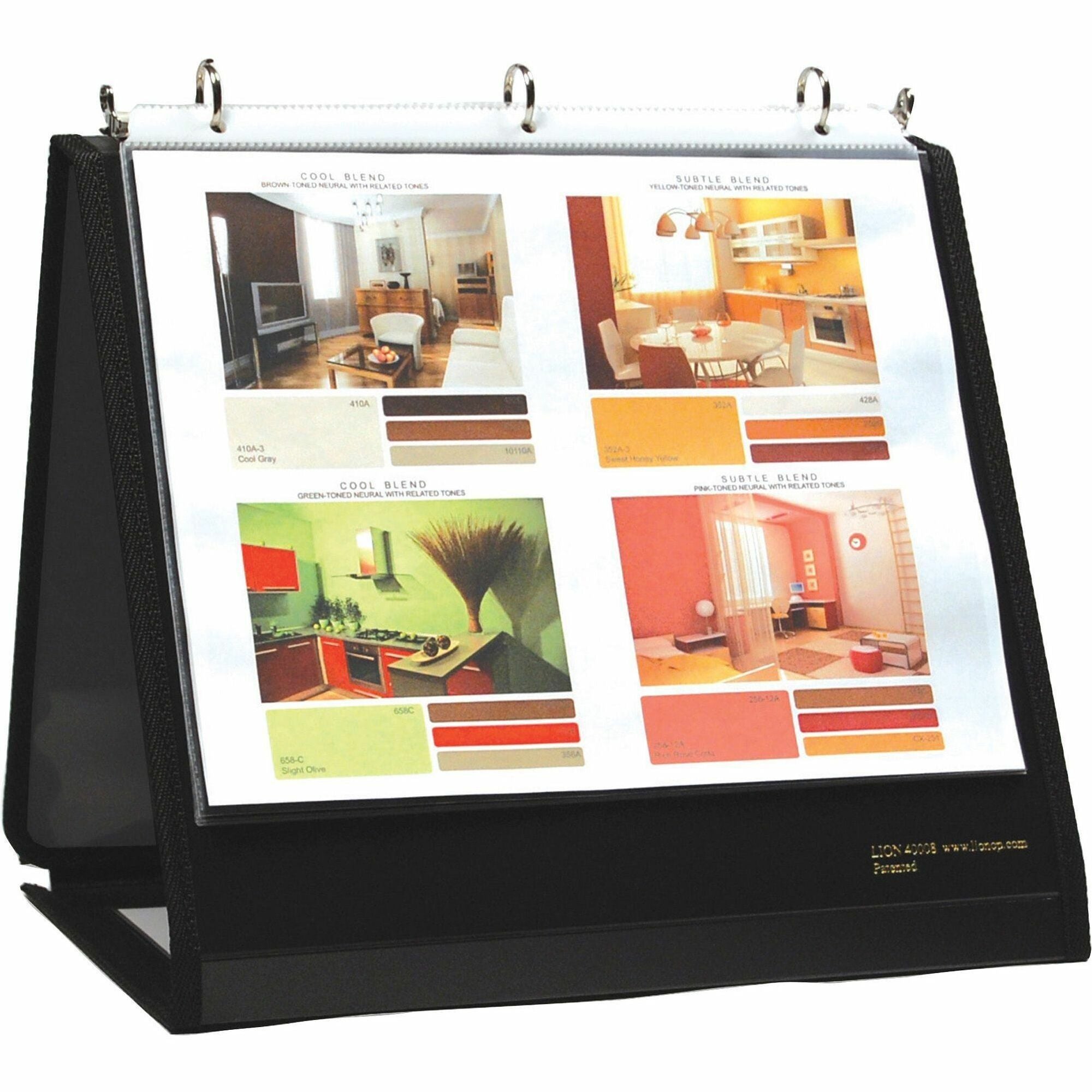 Lion Insta-Cover Round Ring Easel Binder - 1 1/2" Binder Capacity - Letter - 8 1/2" x 11" Sheet Size - 3 x Round Ring Fastener(s) - 80 Pocket(s) - Black - Recycled - Label Holder, Reinforced Sewn Edge, Business Card Holder - 1 Each - 