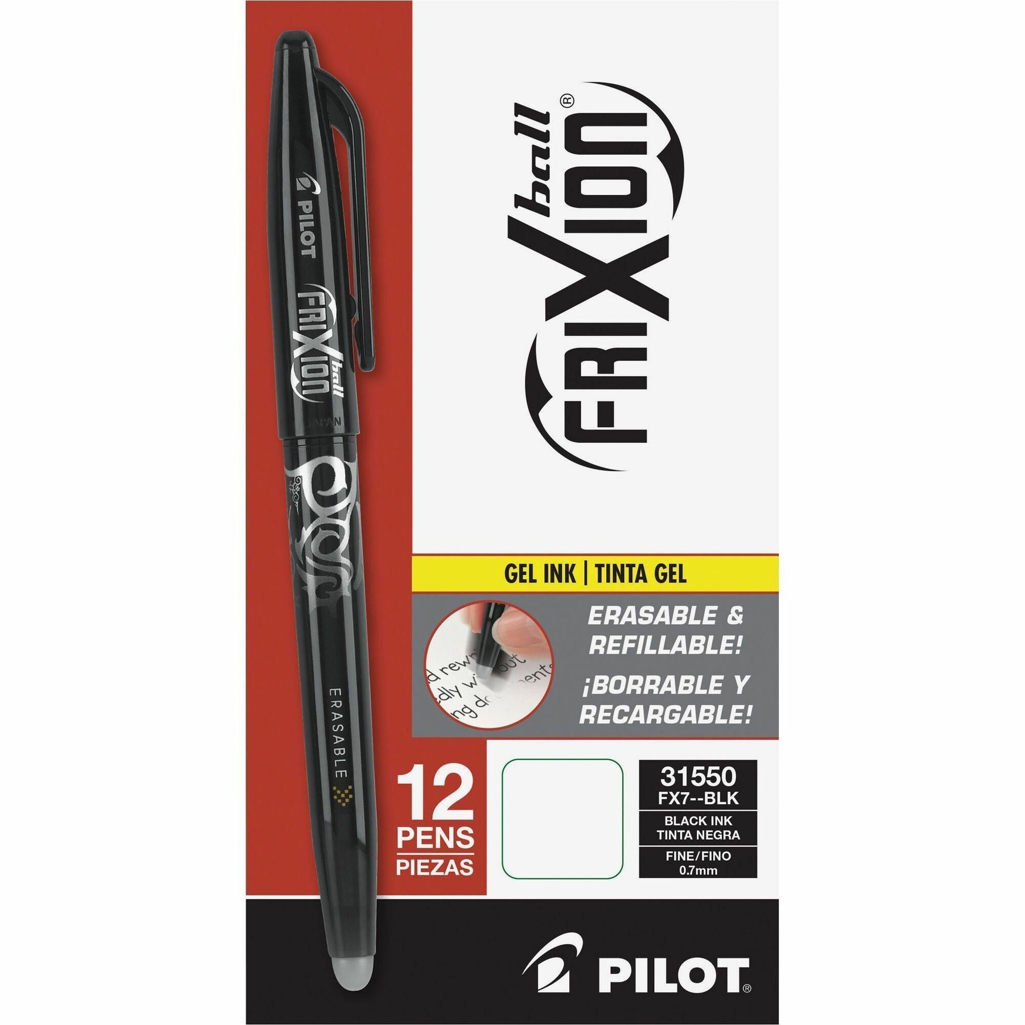 FriXion Ball Erasable Gel Pen, Stick, Fine 0.7 mm, Black Ink, Black/White Barrel