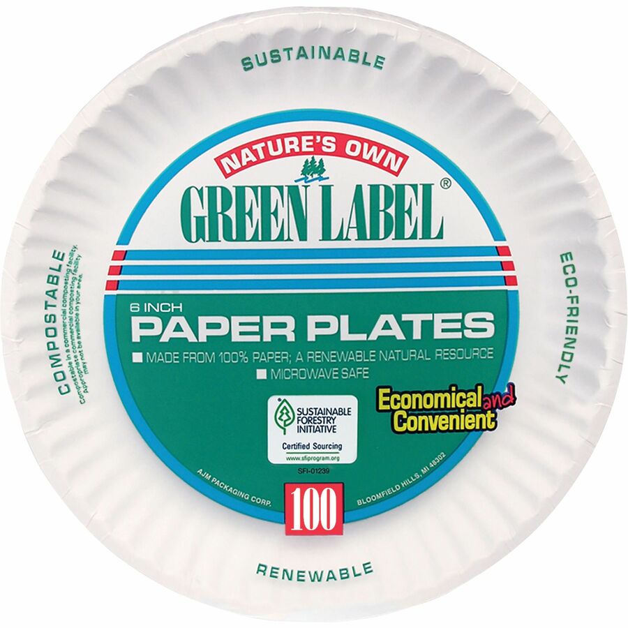 ajm-6-green-label-economy-paper-plates-100-bag-microwave-safe-white-paper-body-10-carton_ajmpp6gre - 3