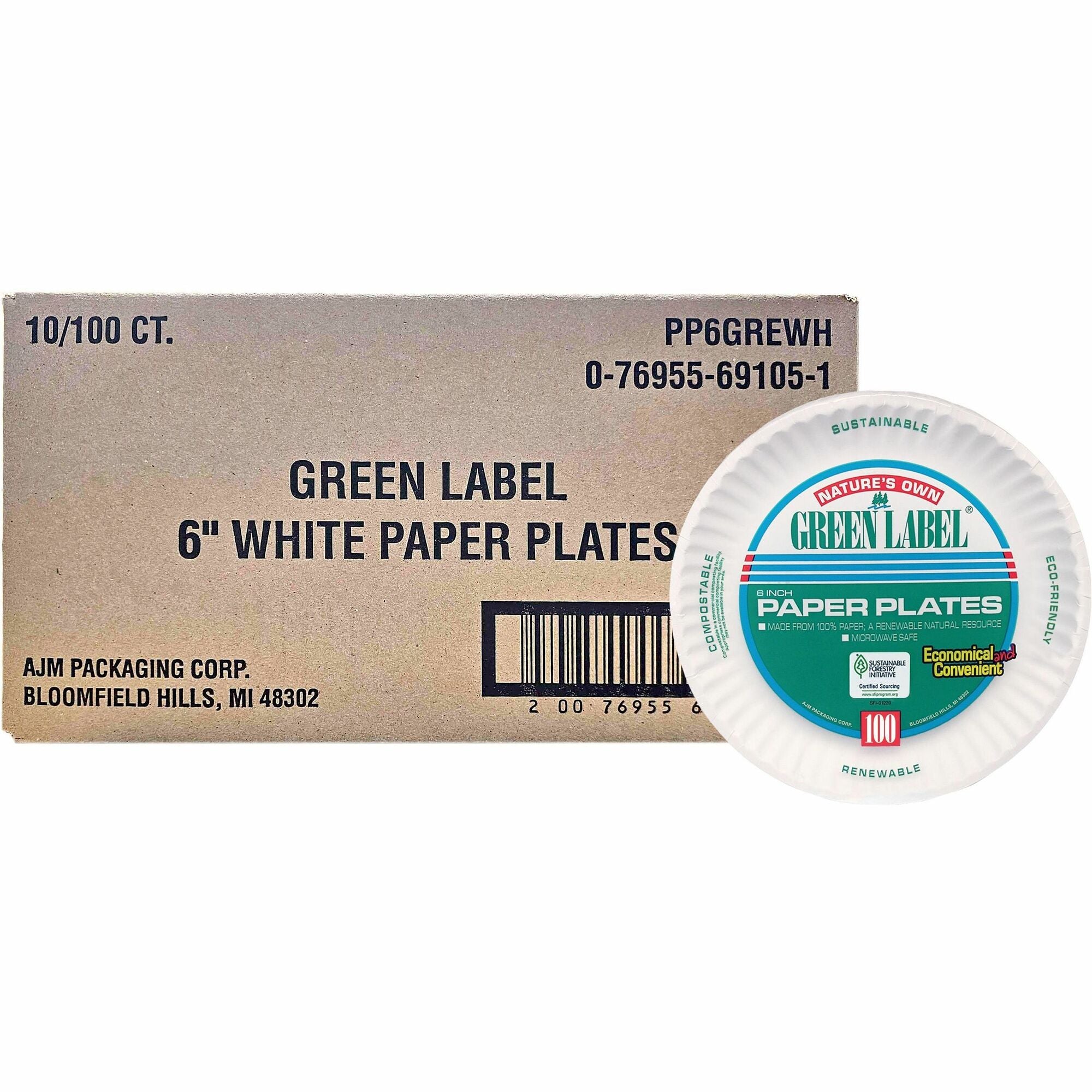 ajm-6-green-label-economy-paper-plates-100-bag-microwave-safe-white-paper-body-10-carton_ajmpp6gre - 1