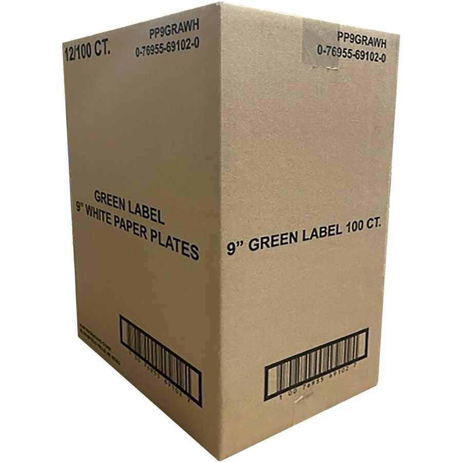 AJM 9" Green Label Economy Paper Plates - 100 / Bag - Microwave Safe - White - Paper Body - 12 / Carton